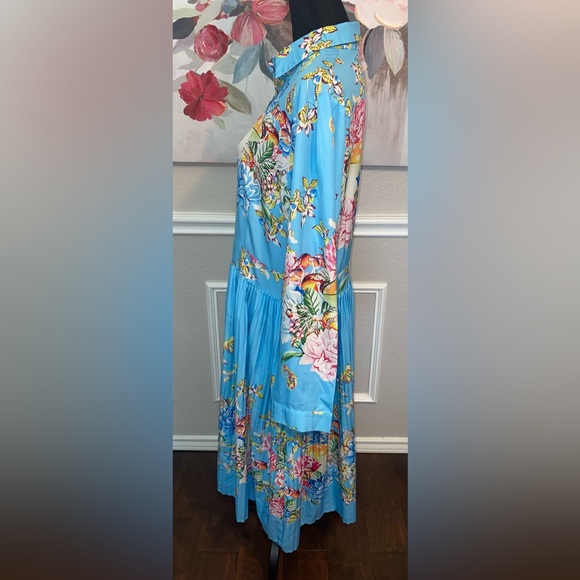 Blue Floral Collared Bishop Sleeve Dress || Size 2XL - Picture 12 of 14